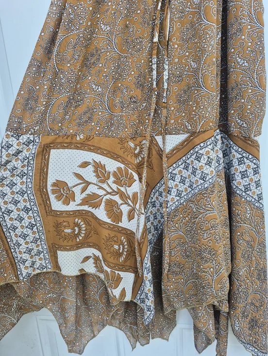 Brown Paisley Hippie Boho Bohemian Recycled Sari Silk Patchwork Midi Dress Small - Picture 3 of 8